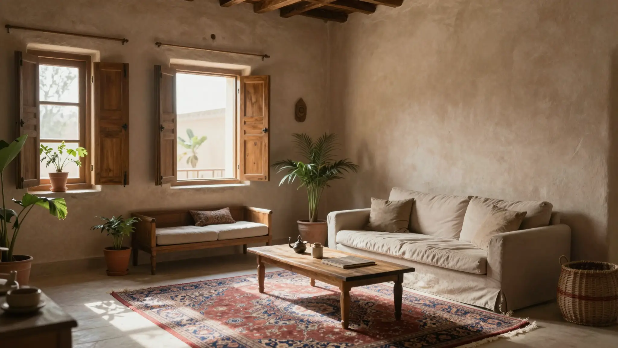 فضای داخلی گرم و آرام یک بیت سنتی خاورمیانهای با نور طبیعی، نماد خانه و سرپناه